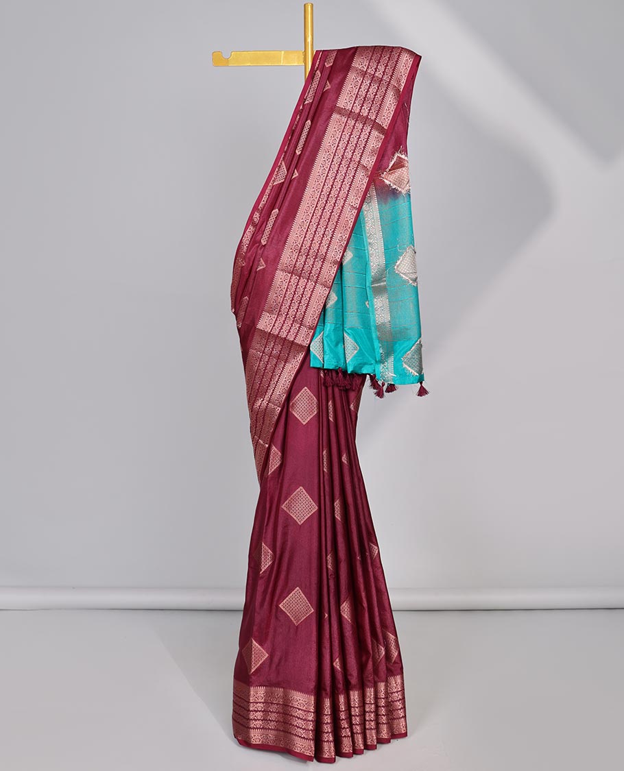 Maroon square motifs semi- banaras tussar saree with self zari striped border & square motifs pallu
