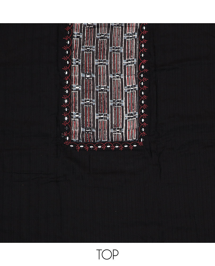 Black material chudidar set, batik leheriya striped with mirror embroidered top, printed bottom and batik printed dupatta