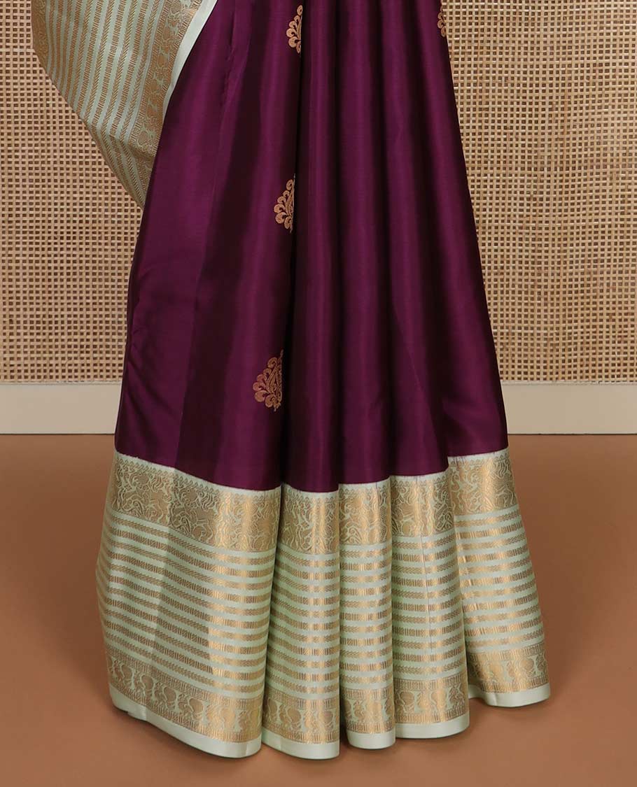 Purple zari buttas Vasundhara silk mix saree, contrast border of yaali, kathir, cross kamalam, and mayil designs, and jaal pallu