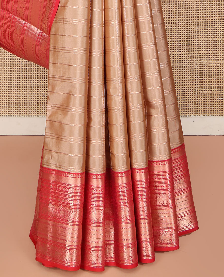 Sandal Vasundhara Silk Saree, Prettified with Zari Checked Design All Over Its Body, Complemented by a Contrast Border of Manga, Muthu, Rudraksham, and Yaali Designs, Grand Jaal Pallu, and Paired with a Contrast Blouse