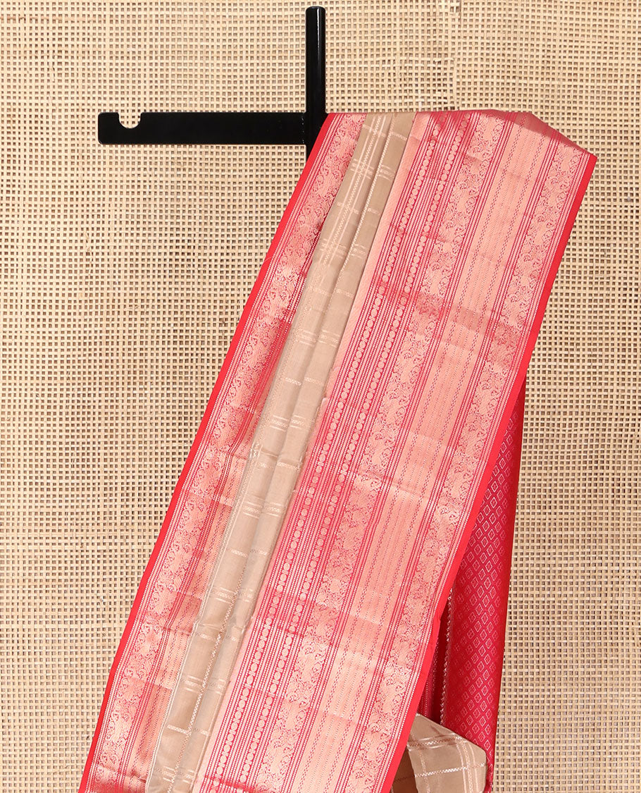 Sandal Vasundhara Silk Saree, Prettified with Zari Checked Design All Over Its Body, Complemented by a Contrast Border of Manga, Muthu, Rudraksham, and Yaali Designs, Grand Jaal Pallu, and Paired with a Contrast Blouse