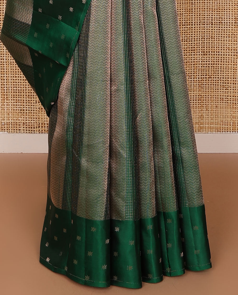 Green checked & zig-zag striped silk saree, self-border & pallu of unique motifs in zari
