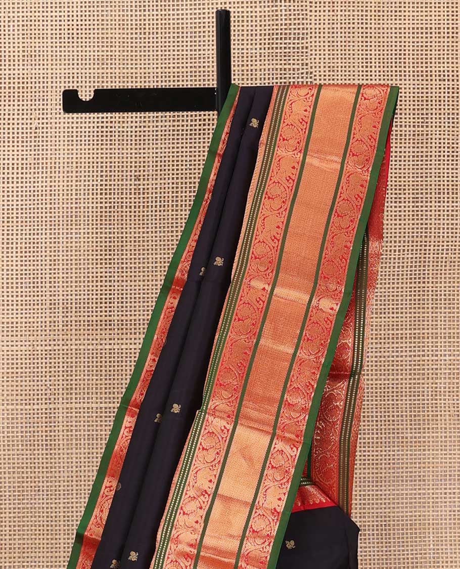 Black annam chakram zari buttas silk saree, contrast border of thilakam mokku, Muthu, jaal, kodi yaanai and mayil and jaal pallu