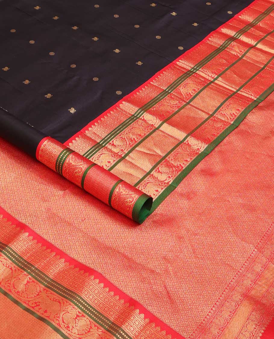 Black annam chakram zari buttas silk saree, contrast border of thilakam mokku, Muthu, jaal, kodi yaanai and mayil and jaal pallu