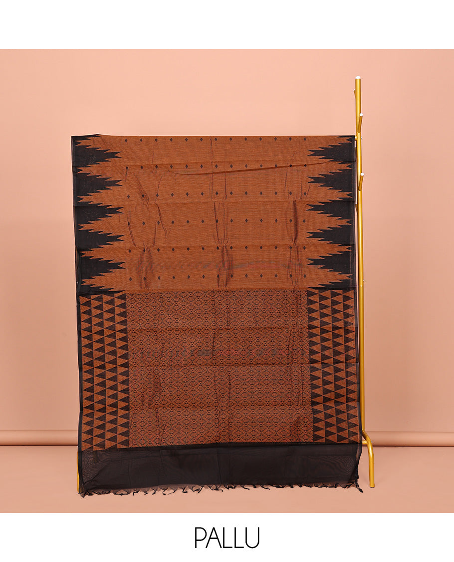Mustard Kanchi Cotton Saree, Elevated with Buttas on Its Body, Complemented by a Contrast Temple Border, a Pallu of Intricate Designs, and Paired with a Contrast Blouse