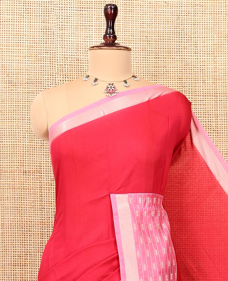 Red Plain Assam Silk Saree, Complemented by a Contrast Traditional Zari Border, Zari-Design Pallu, and a Contrast Blouse