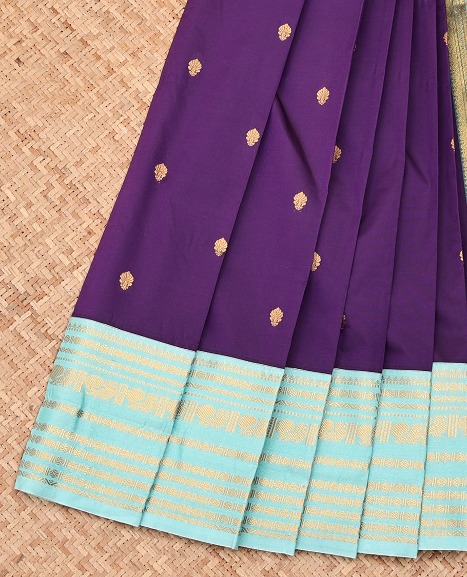 Blue Budget Silk Saree, Gleamed up with Zari Buttas All Over Its Body, Complemented by Contrast Traditional Zari Designs Woven Border, Gleaming Zari Woven Pallu and Paired with a Contrast Blouse