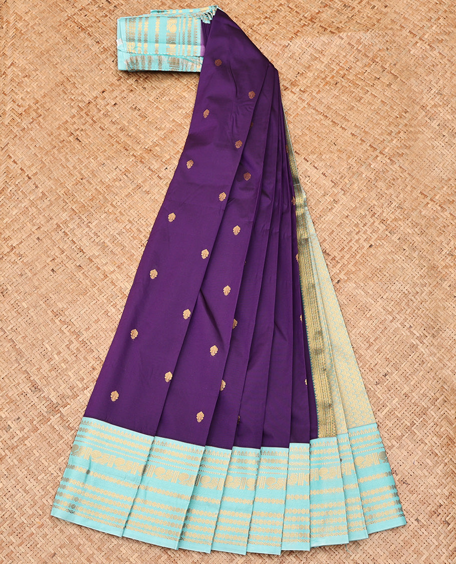 Blue Budget Silk Saree, Gleamed up with Zari Buttas All Over Its Body, Complemented by Contrast Traditional Zari Designs Woven Border, Gleaming Zari Woven Pallu and Paired with a Contrast Blouse