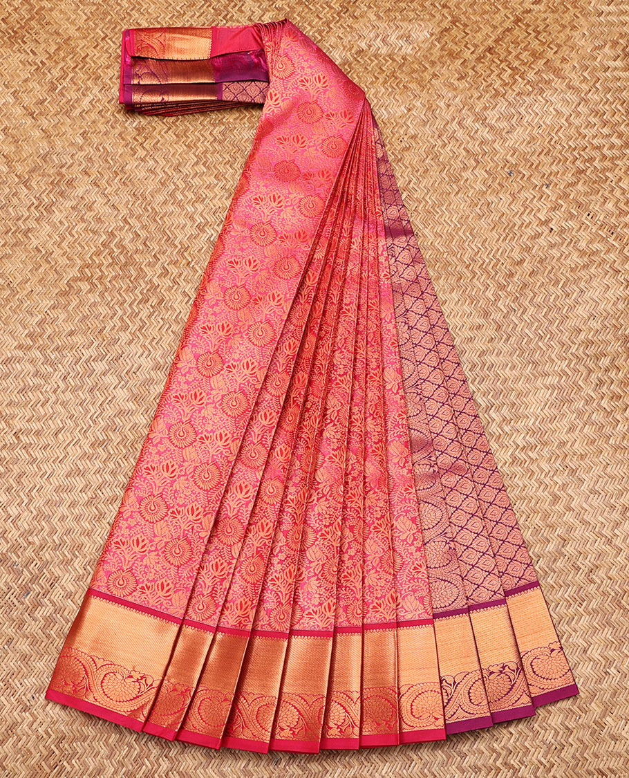 Pink Budget Silk Saree, Woven with Jacquard Design, Contrast Traditional Zari Border, Grand Pallu, and a Contrast Blouse