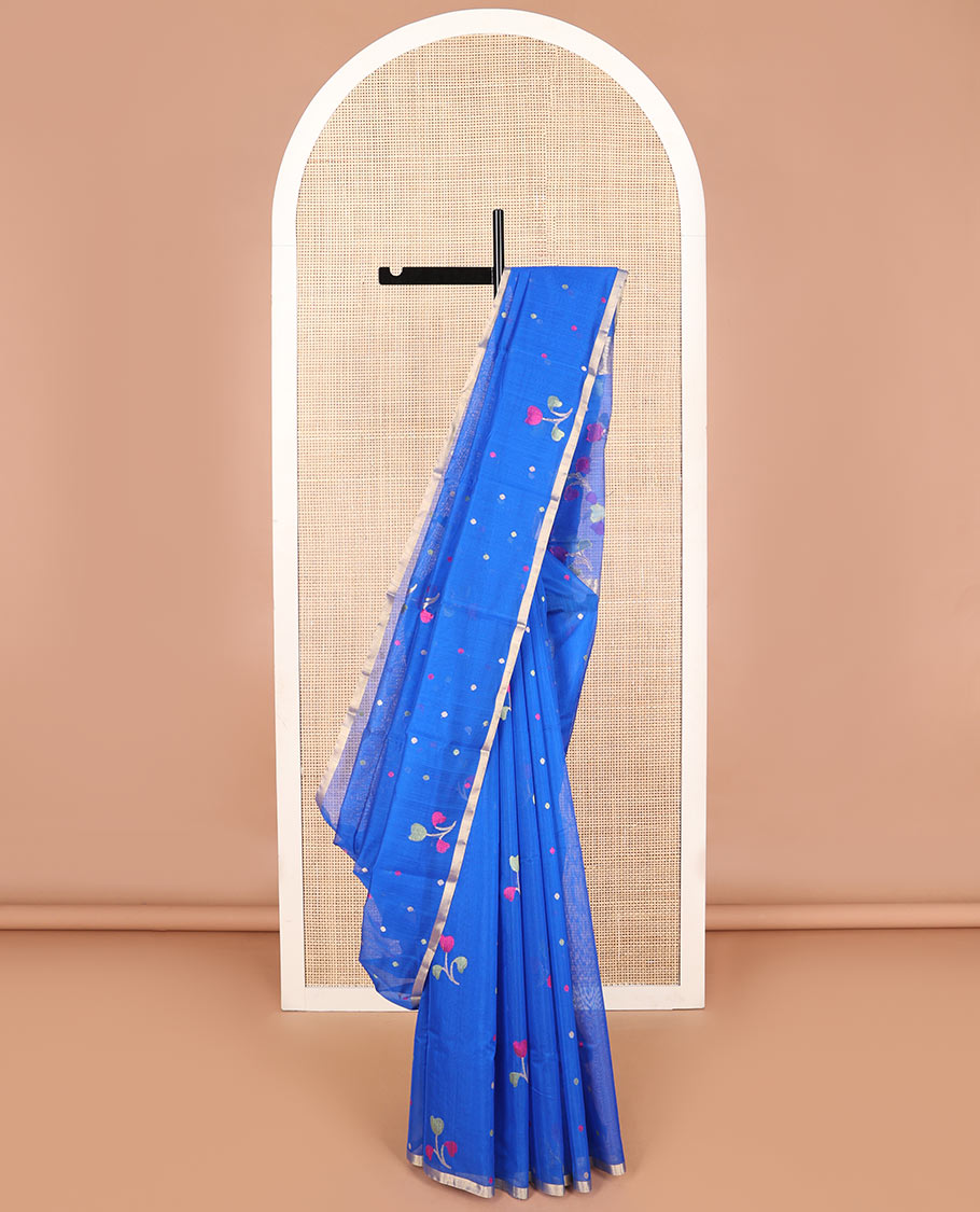 Blue floral motifs chanderi cotton saree with contrast zari border & striped, floral design pallu