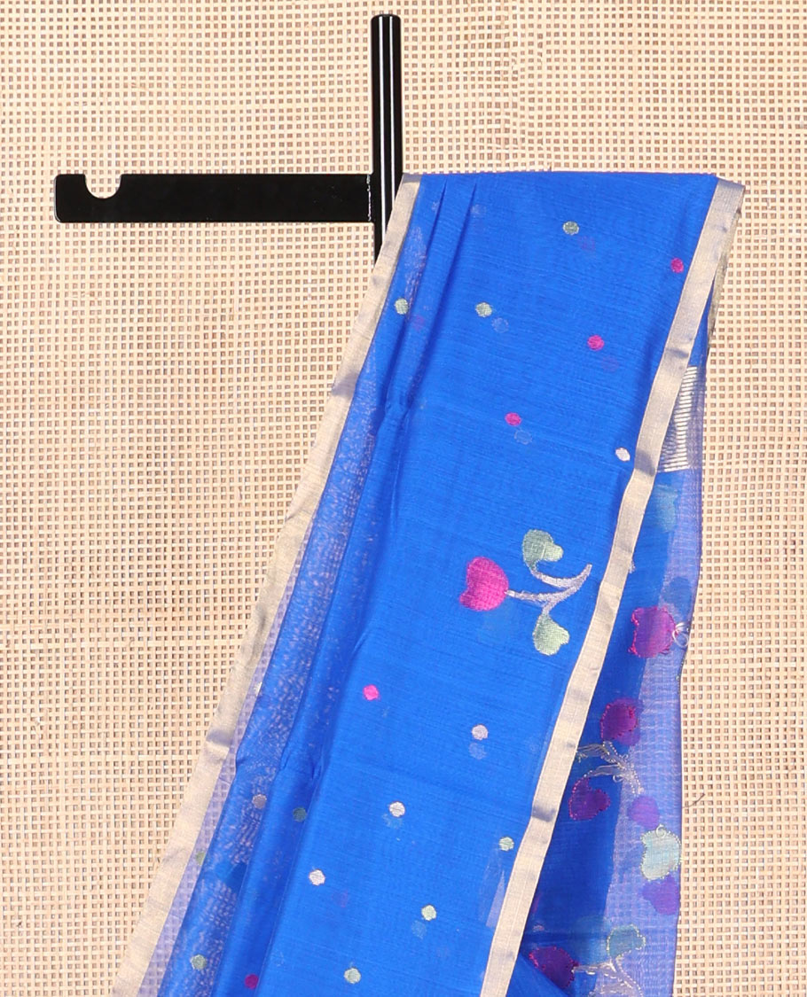 Blue floral motifs chanderi cotton saree with contrast zari border & striped, floral design pallu