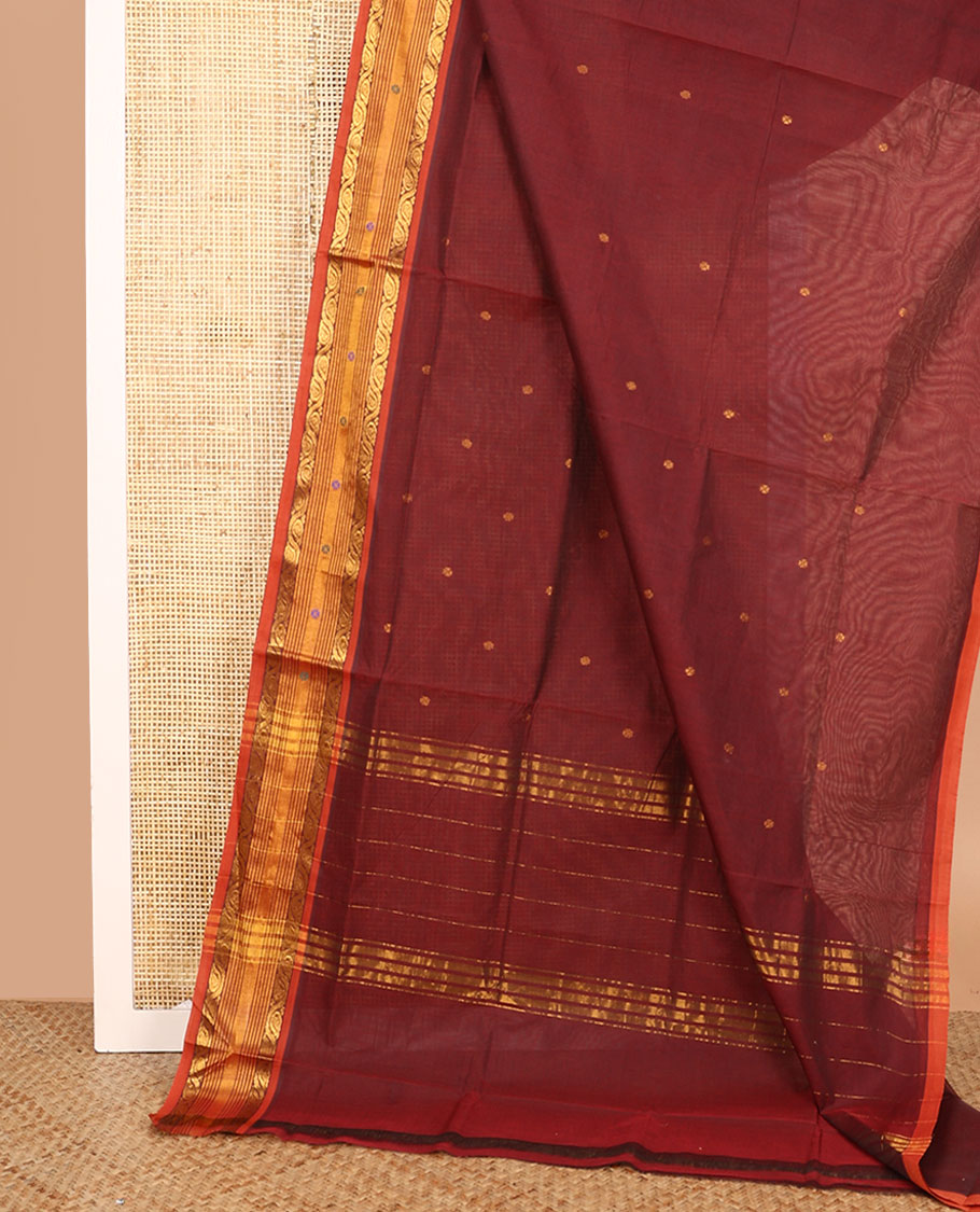 Brown zari buttas Venkatagiri cotton saree, contrast traditional zari and thread border, and zari striped pallu