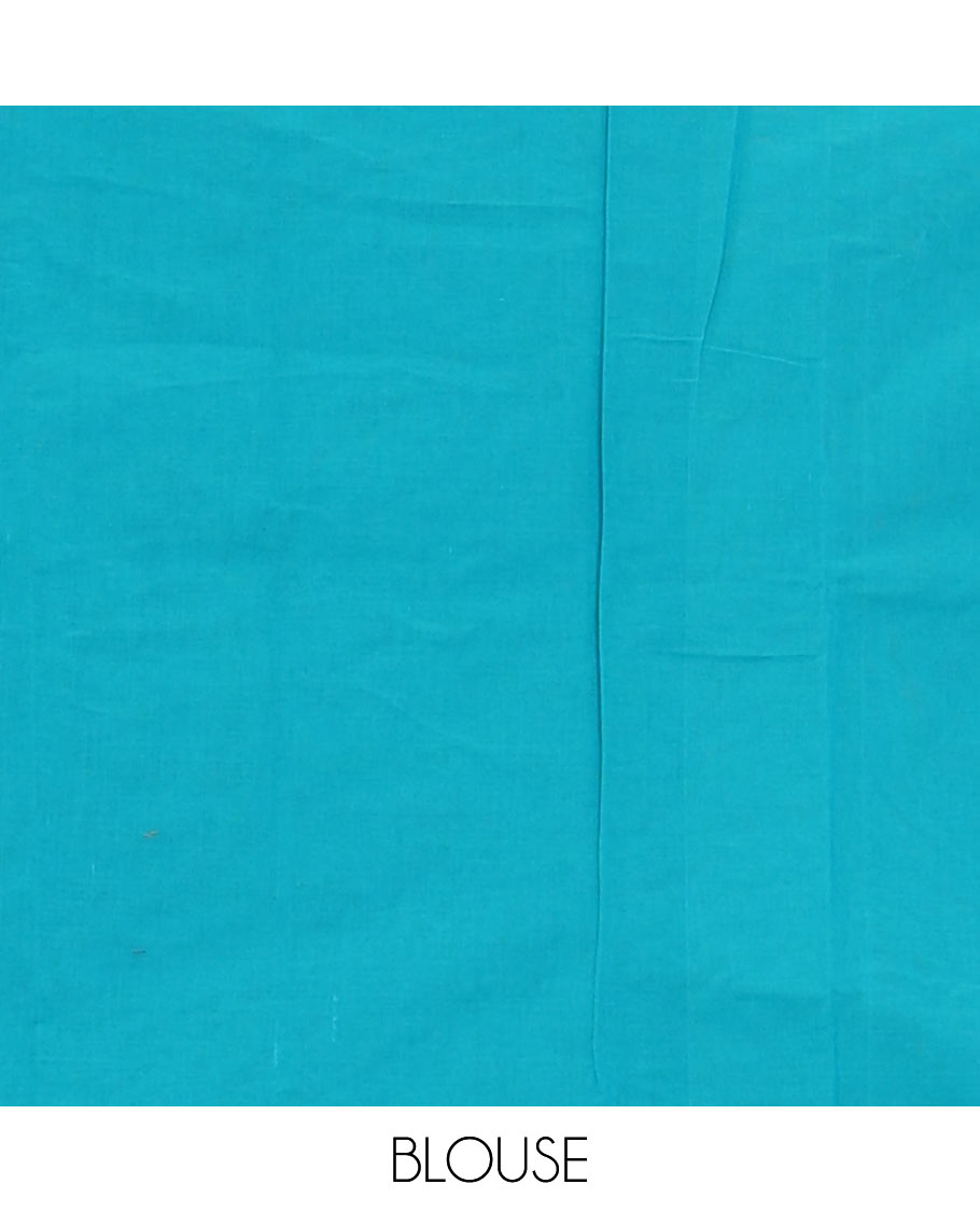 Borderless blue geometric patterned Coimbatore cotton saree, self-pallu of geometric patterns