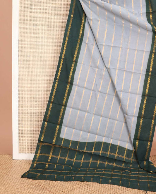 Grey zari striped Sungudi cotton saree, contrast rettai pettu traditional zari border & zari striped pallu