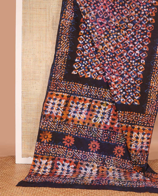 Multi-color geometric batik printed mul mul cotton saree, batik printed border, and pallu of batik print