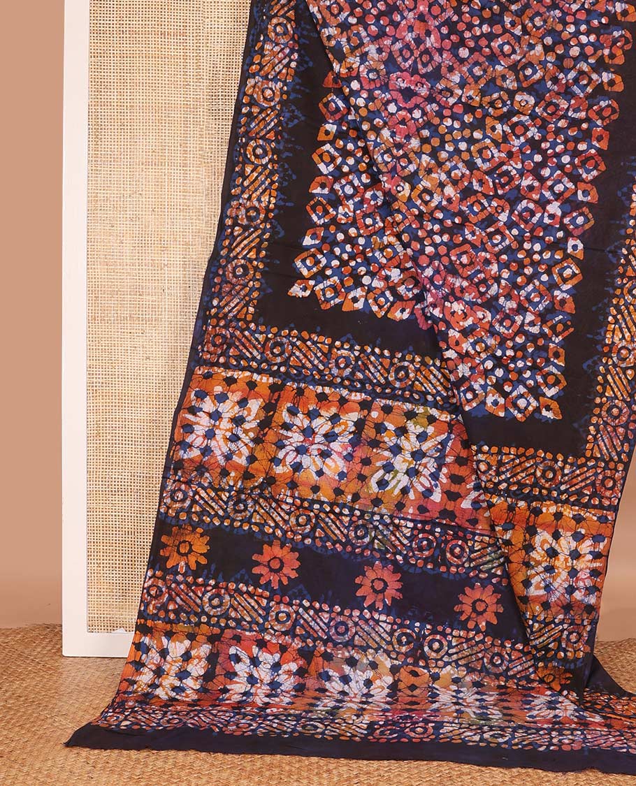Multi-color geometric batik printed mul mul cotton saree, batik printed border, and pallu of batik print