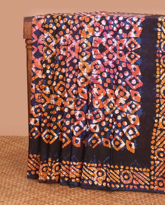Multi-color geometric batik printed mul mul cotton saree, batik printed border, and pallu of batik print