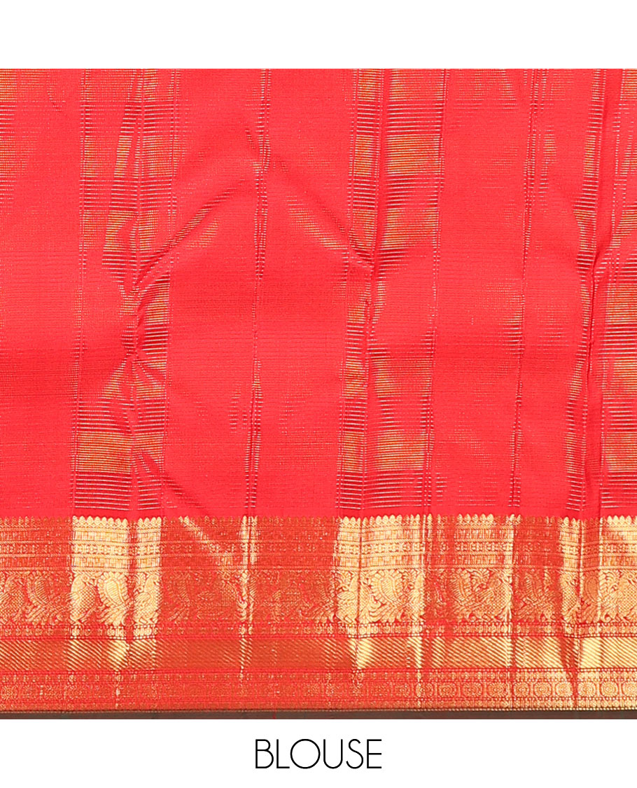 Red zari checked and buttas Kanchipuram silk saree, zari border of thilakam mokku, banaras, kamalam, mayil, and chakram designs, and jaal pallu