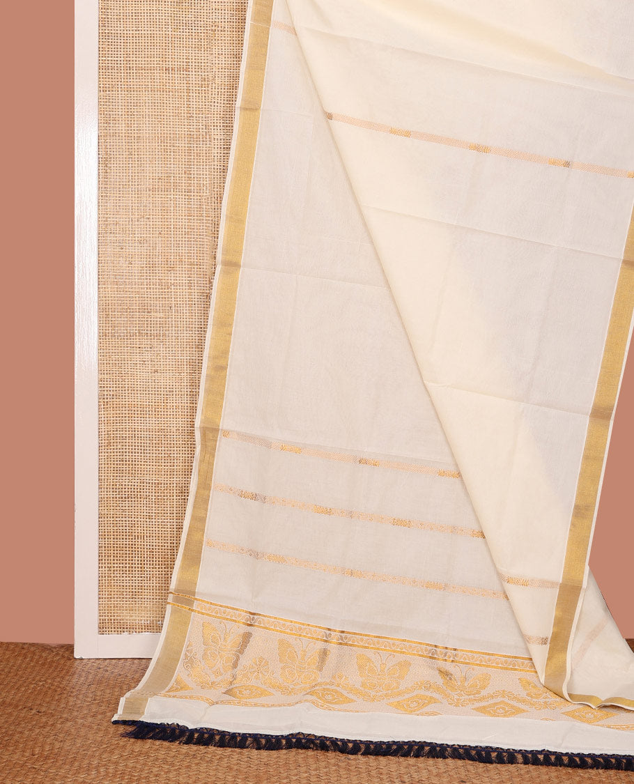 Cream Kerala Saree, Bedecked with Zari Stripes on Its Body, Subtly Sparkled Bavanji Border, Gleaming Pallu of Butterfly Designs, and Paired with a Matching Blouse