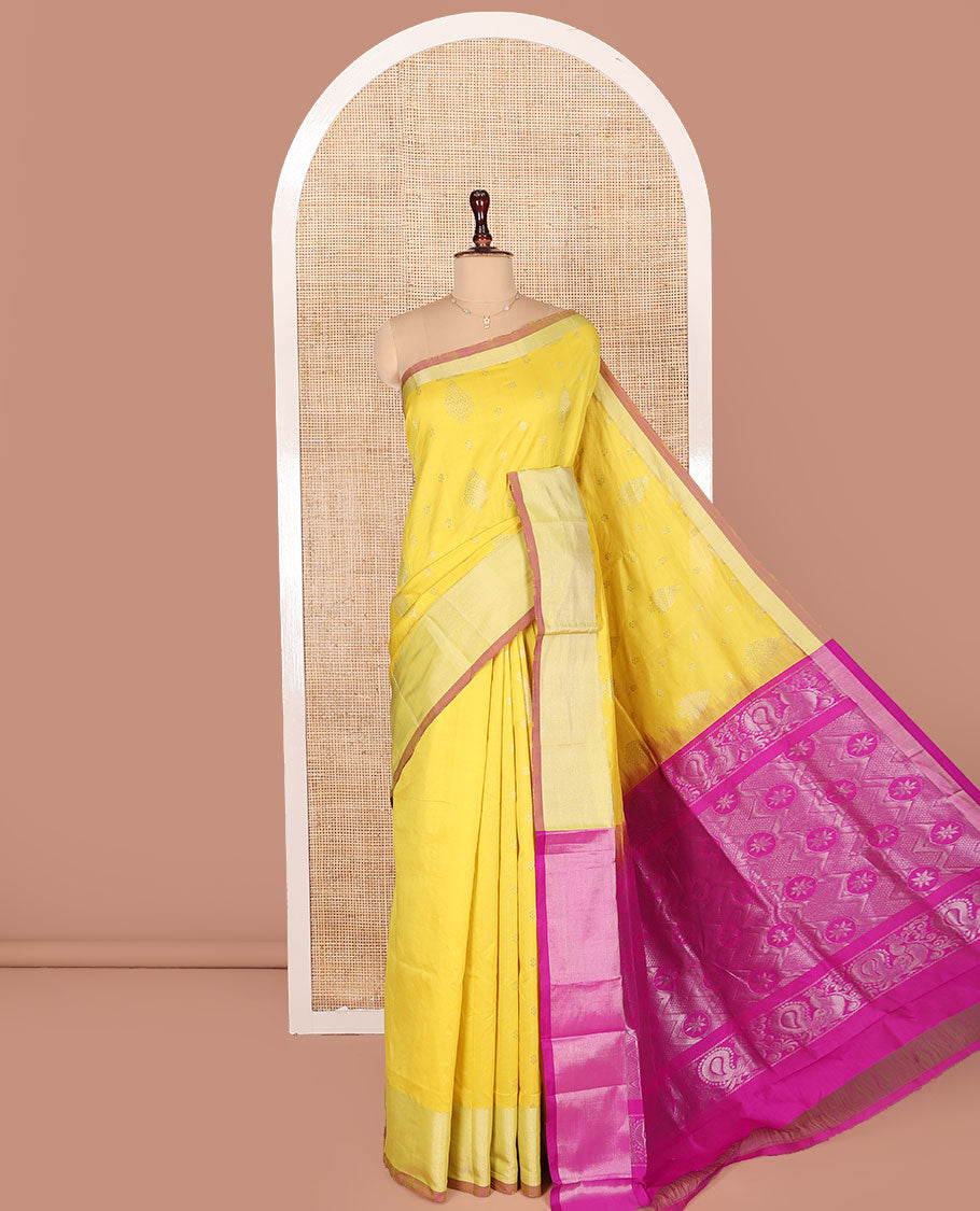 Yellow Kuppadam Cotton Saree, Sparsely Woven with Zari Buttas All Over Its Body, Complemented by a Bavanji Border, Captivating Contrast Pallu of Intricate Designs, and Paired with a Contrast Blouse