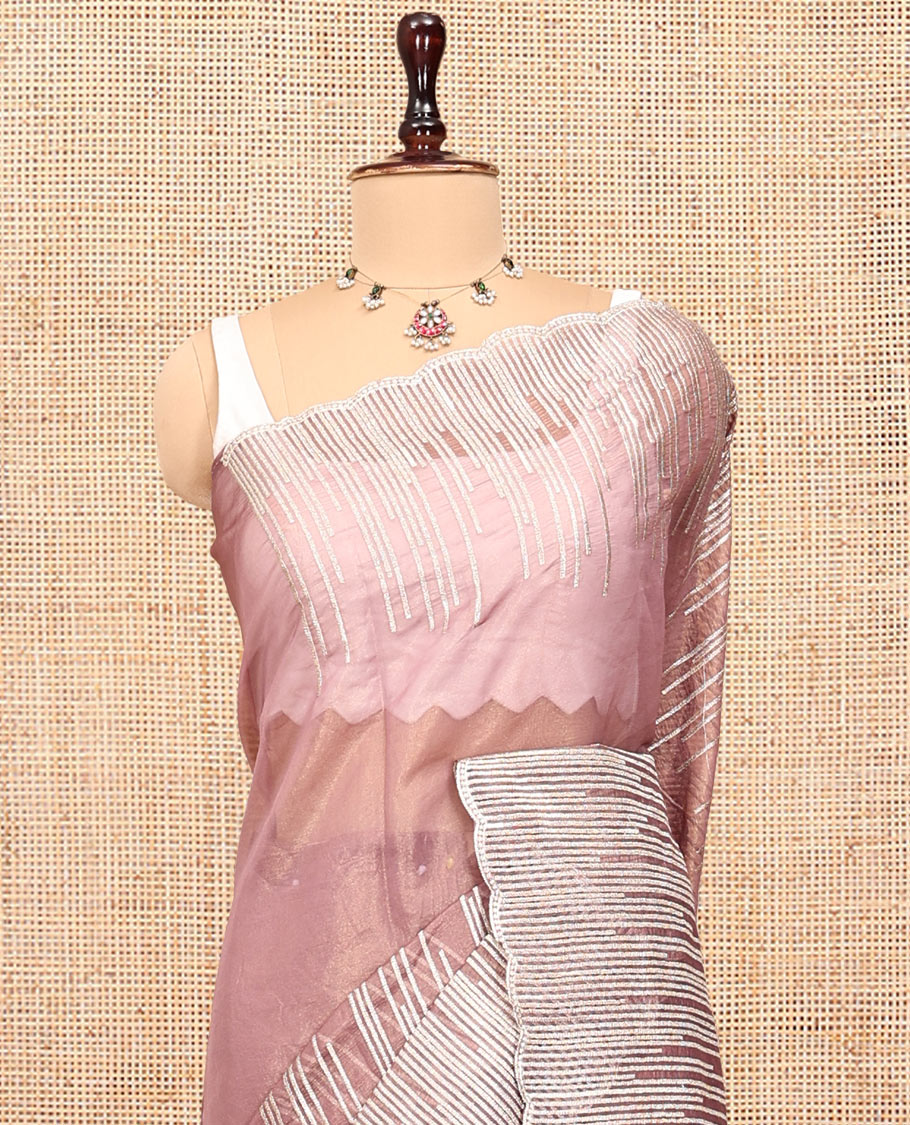 Pink Plain Organza Saree, a Scallop Vines Embroidered Border, and a Matching Blouse