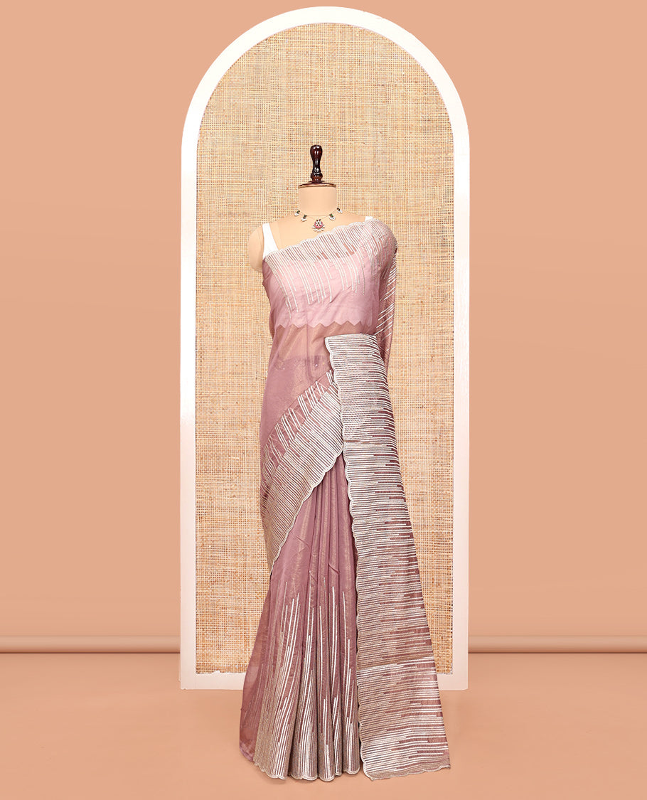 Pink Plain Organza Saree, a Scallop Vines Embroidered Border, and a Matching Blouse