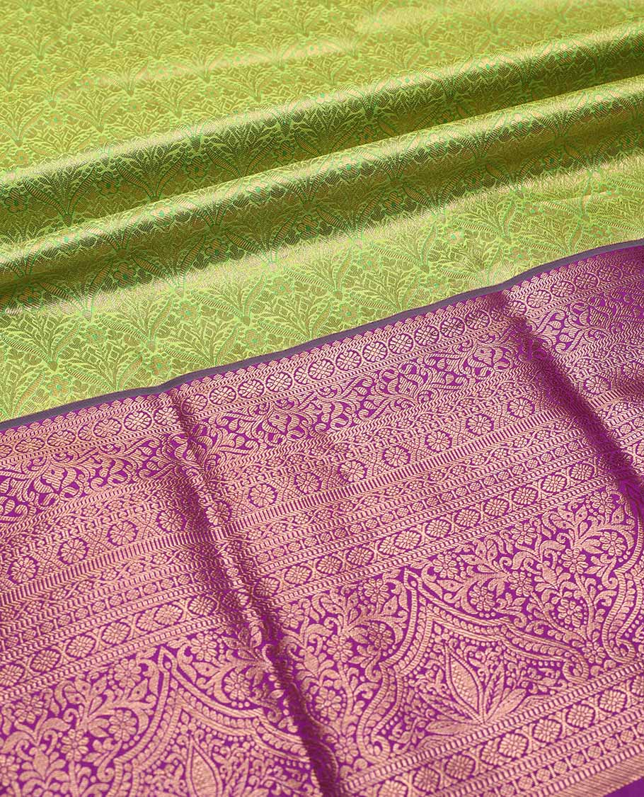 Green pure silk half-saree, jacquard with contrast traditional zari bordered skirt, contrast zari design blouse, and zari design dhavani