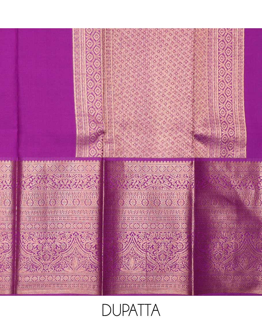 Green pure silk half-saree, jacquard with contrast traditional zari bordered skirt, contrast zari design blouse, and zari design dhavani