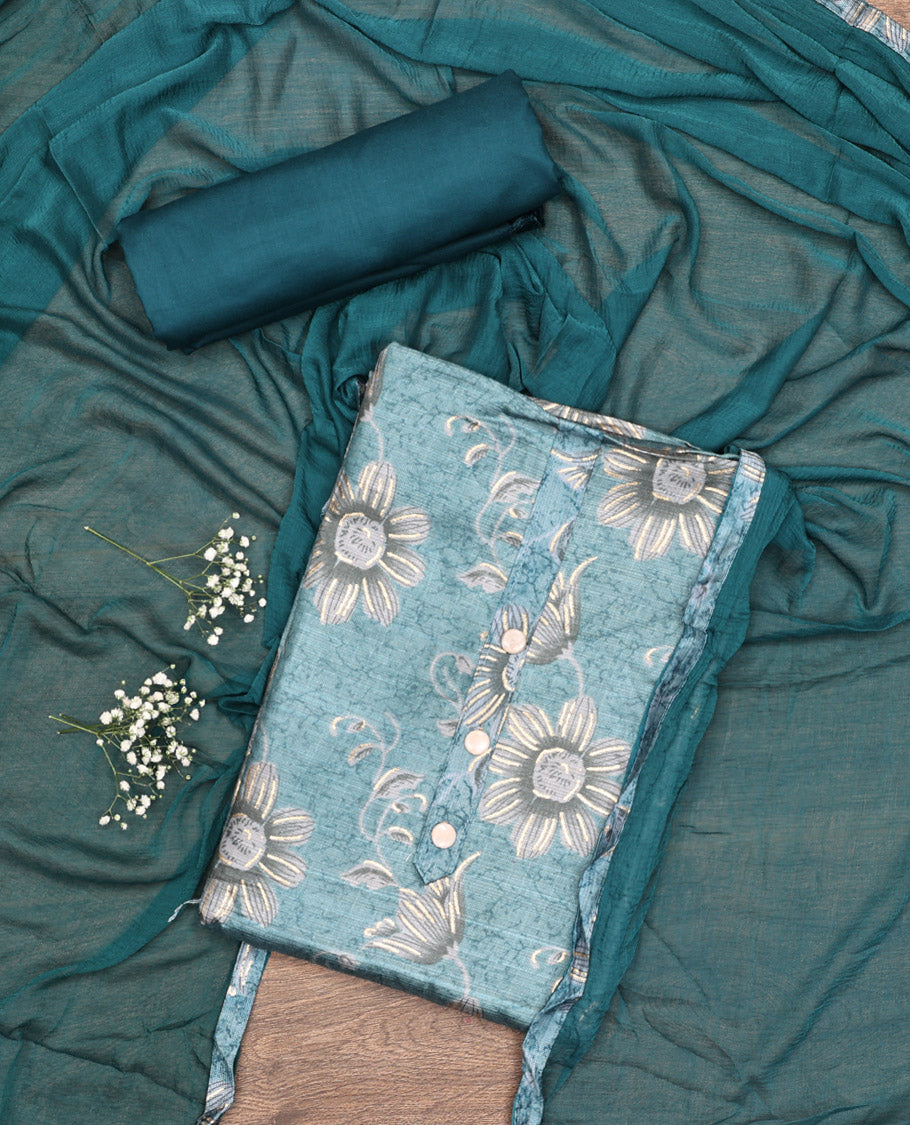 Blue Material Chudidar Set, Beautified with Floral Abstract Print and Neck Embroidery on Cotton Top, a Contrast Plain Cotton Bottom, and Paired with a Plain Dupatta
