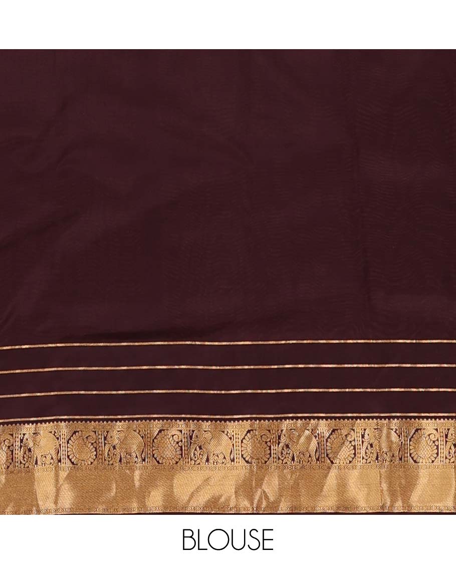 Mustard zari buttas Vasundhara silk mix saree, contrast annam chakram enclosed zari checked border of rekku, kamalam, arumbu manga, and yaanai, and jaal pallu