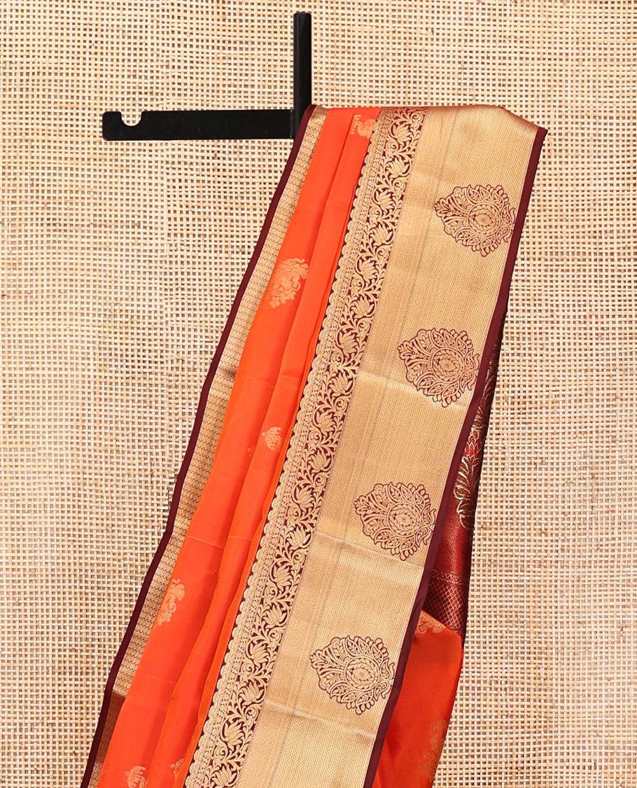 Orange Vasundhara Lite Silk Mix Saree, Accentuated With Zari Buttas All Over Its Body, Complemented by Captivating Contrast Border of Traditional Zari Designs, Grand Pallu of Jaal Designs and Paired with a Contrast Blouse