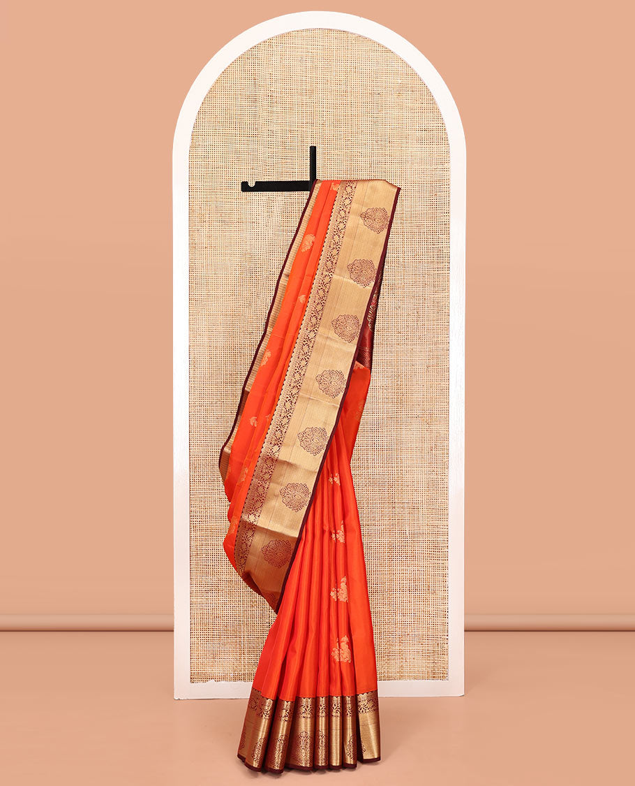Orange Vasundhara Lite Silk Mix Saree, Accentuated With Zari Buttas All Over Its Body, Complemented by Captivating Contrast Border of Traditional Zari Designs, Grand Pallu of Jaal Designs and Paired with a Contrast Blouse