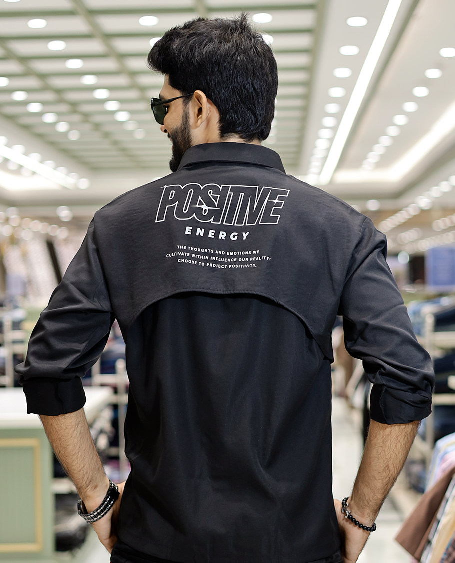 Black Poly-Blended Back Flap Casual Shirt