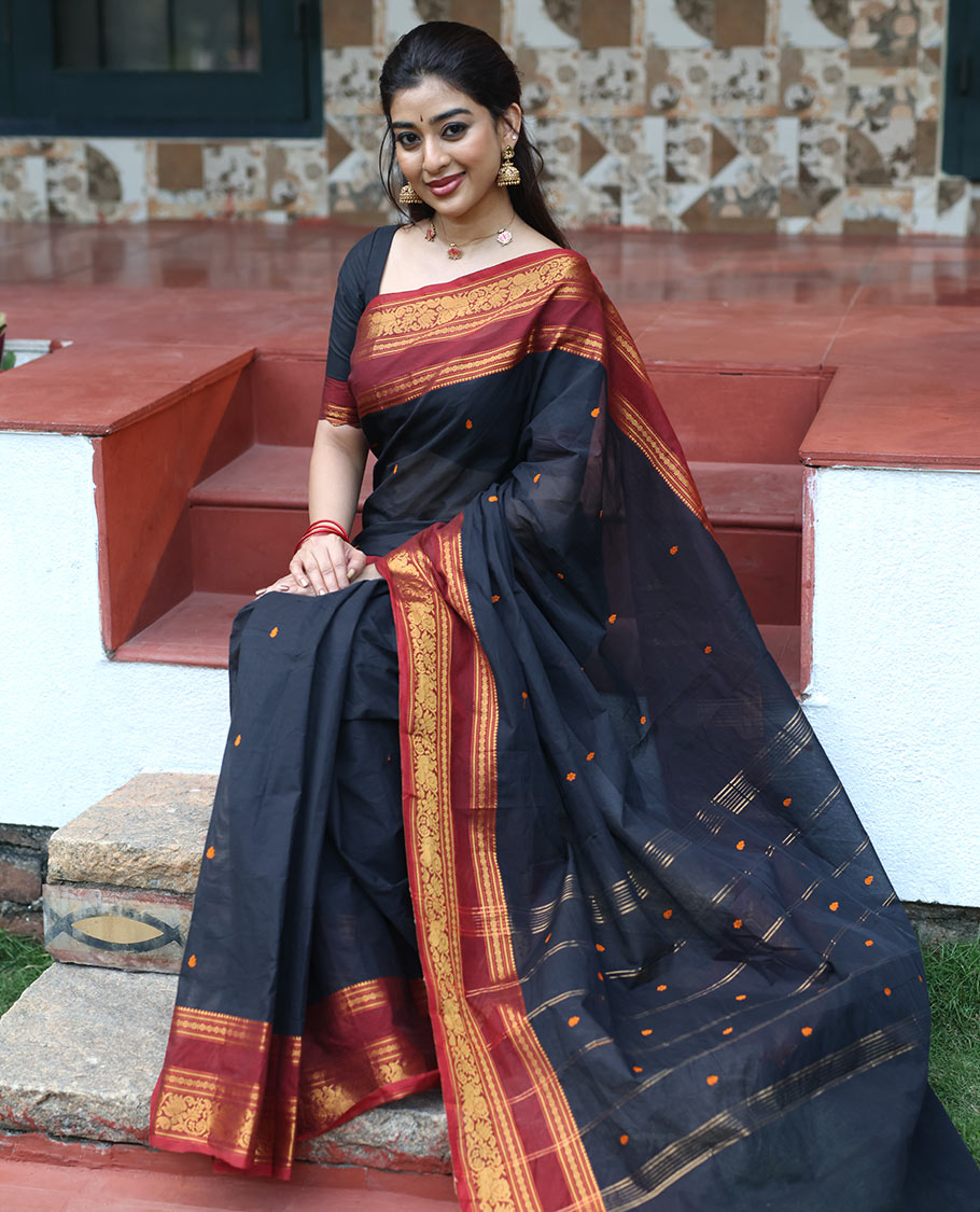 Black thread buttas Chettinad cotton saree, contrast traditional design rettai pettu border, striped pallu, and a matching blouse