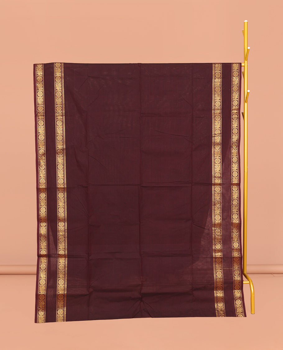 Maroon Plain Chettinad Cotton Saree, Highlighted by Rettai Pettu Peacock-Chakram Border, Striped Pallu, and a Matching Blouse