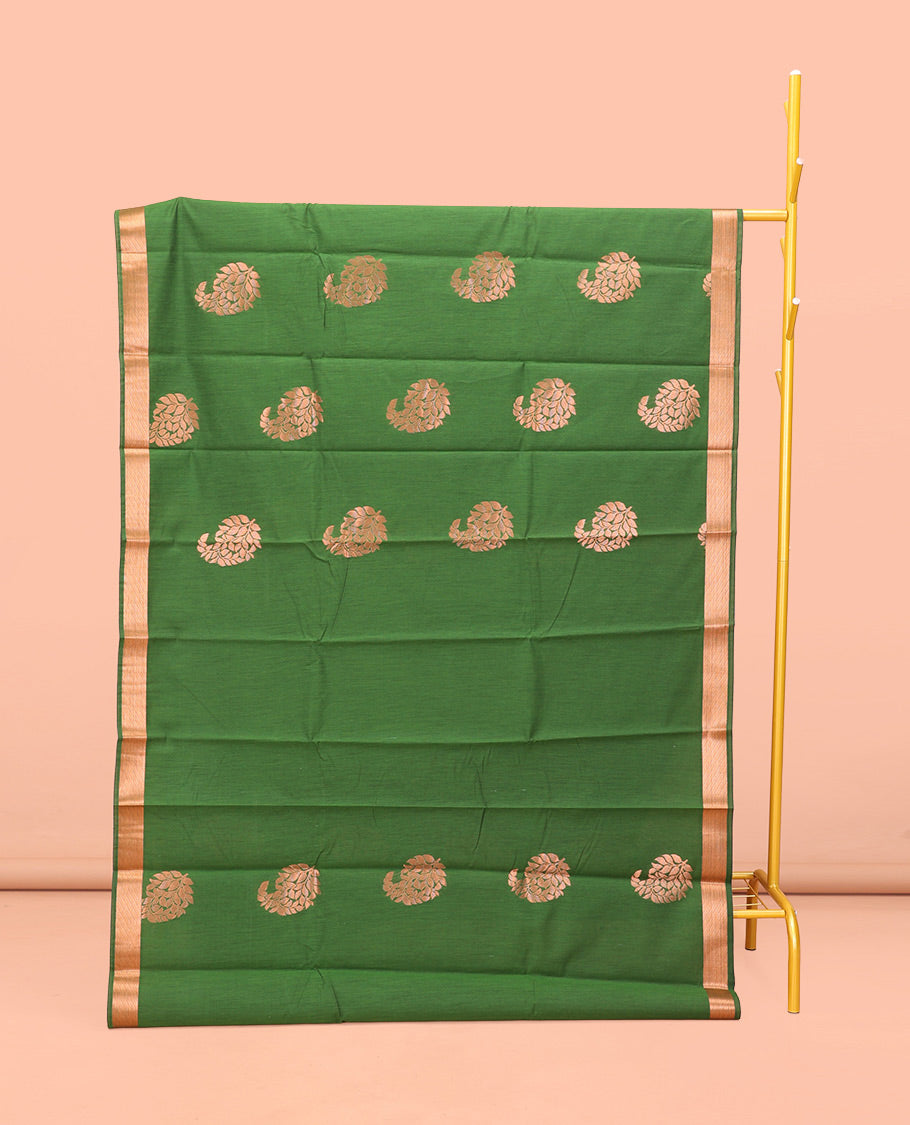Green Semi-Silk Cotton Saree, Masterfully Woven with Paisley Zari Buttas All Over Its Body, Highlighted by a Zari Border, Pallu of Floral and Paisley Design, and Paired with a Matching Blouse