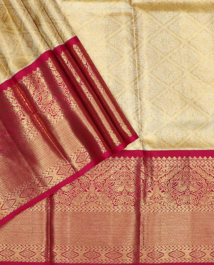 Cream pure silk half saree, jacquard skirt, contrast traditional zari design border, jacquard blouse, and jaal dhavani