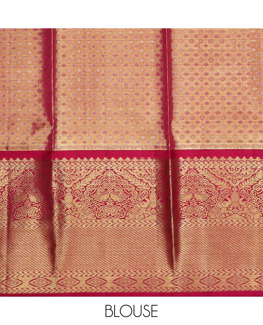 Cream pure silk half saree, jacquard skirt, contrast traditional zari design border, jacquard blouse, and jaal dhavani