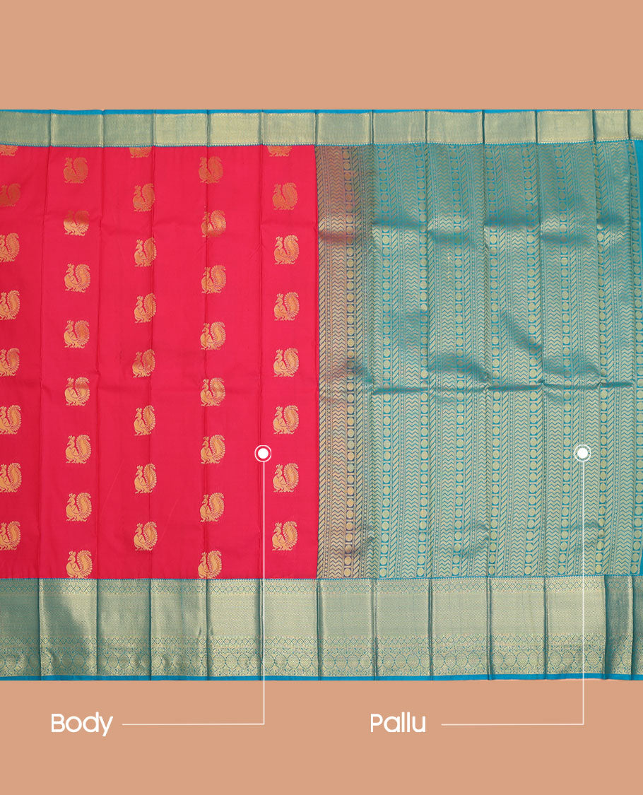 Red Budget Silk Saree, Artfully Detailed with Peacock Buttas All Over Its Body, Complemented by a Contrast Traditional Zari Design Border, Grand Pallu, and Paired with a Contrast Blouse