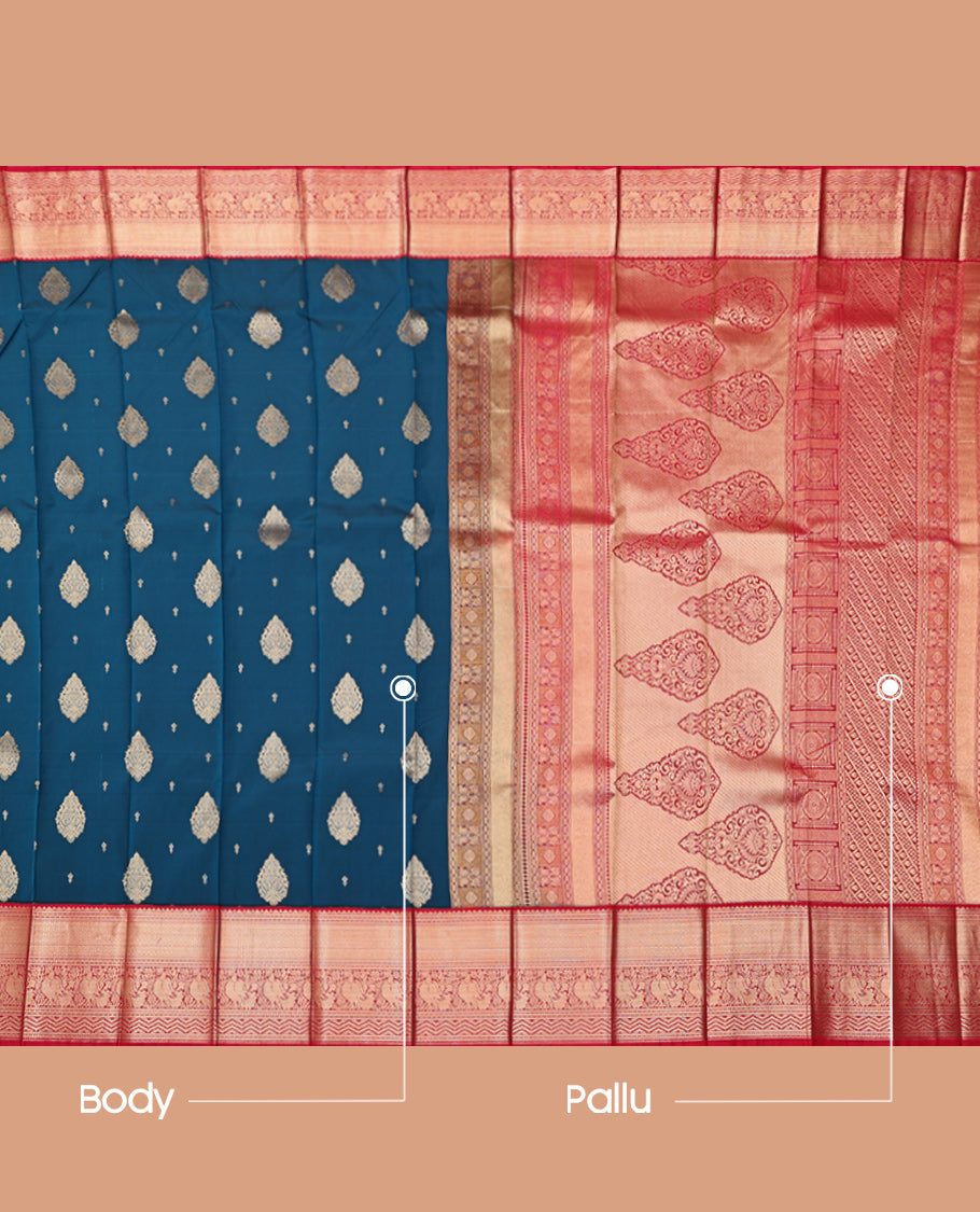 Blue Budget Silk Saree, Woven with Zari Buttas, Contrast Traditional Zari Border, Grand Pallu, and a Contrast Blouse
