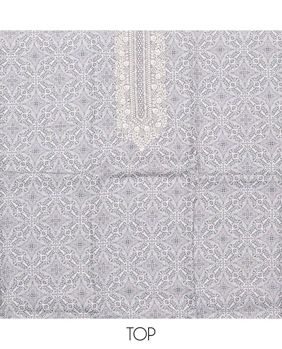 Off-White-Grey Material Chudidar Set, Adorned with Intricate Motifs Print, and Embroidery on Its Jute Cotton Top, a Plain Cotton Bottom, and Paired with Contrast Sequins Striped Chanderi Cotton Dupatta