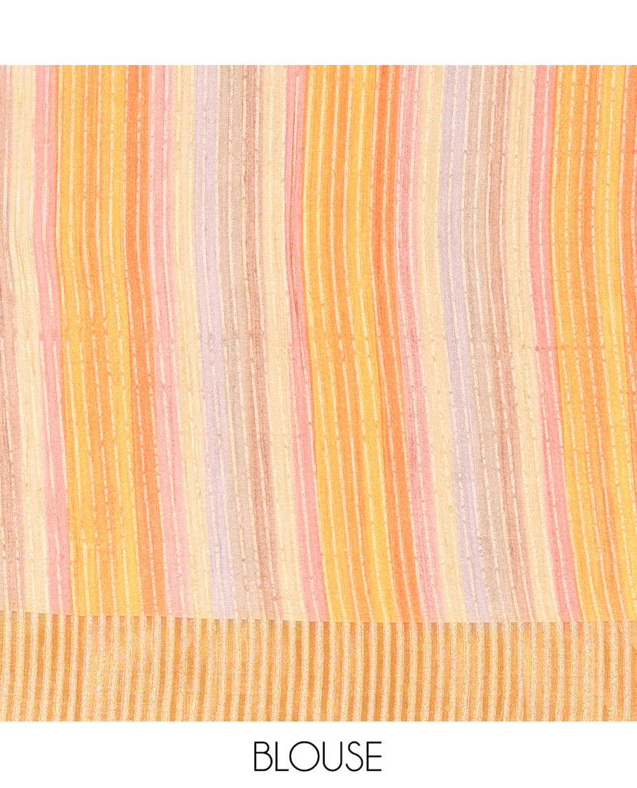 Orange Plain Fancy Tussar Saree, Highlighted by a Zari Bavanji Handbrush Painting-Style Striped Border, Striped Pallu, and Paired with a Matching Blouse