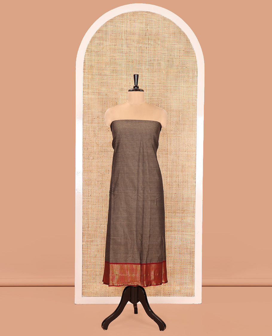 Brown Mercerised Cotton Material Churidar Set, Subtly Made with Plain and Traditional Ara Maadam Bordered Top, Comes with a Plain Mercerised Cotton Bottom, and Is Paired with a Mercerised Cotton Ara Maadam Woven Dupatta