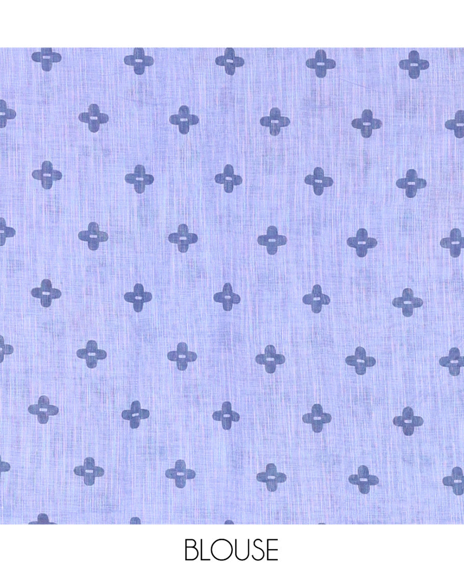 Blue Linen Cotton Saree, Steeped in the Richness of Nature-Themed Motifs Like Bird, Owl, and Tree, a Subtle Piping Border, Pallu of Tree Motifs, and Paired with a Matching Blouse