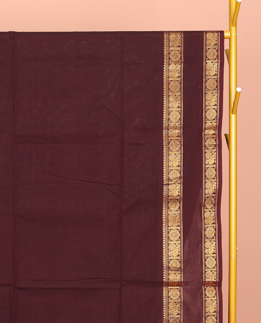 Maroon Plain Chettinad Cotton Saree, Highlighted by Rettai Pettu Peacock-Chakram Border, Striped Pallu, and a Matching Blouse