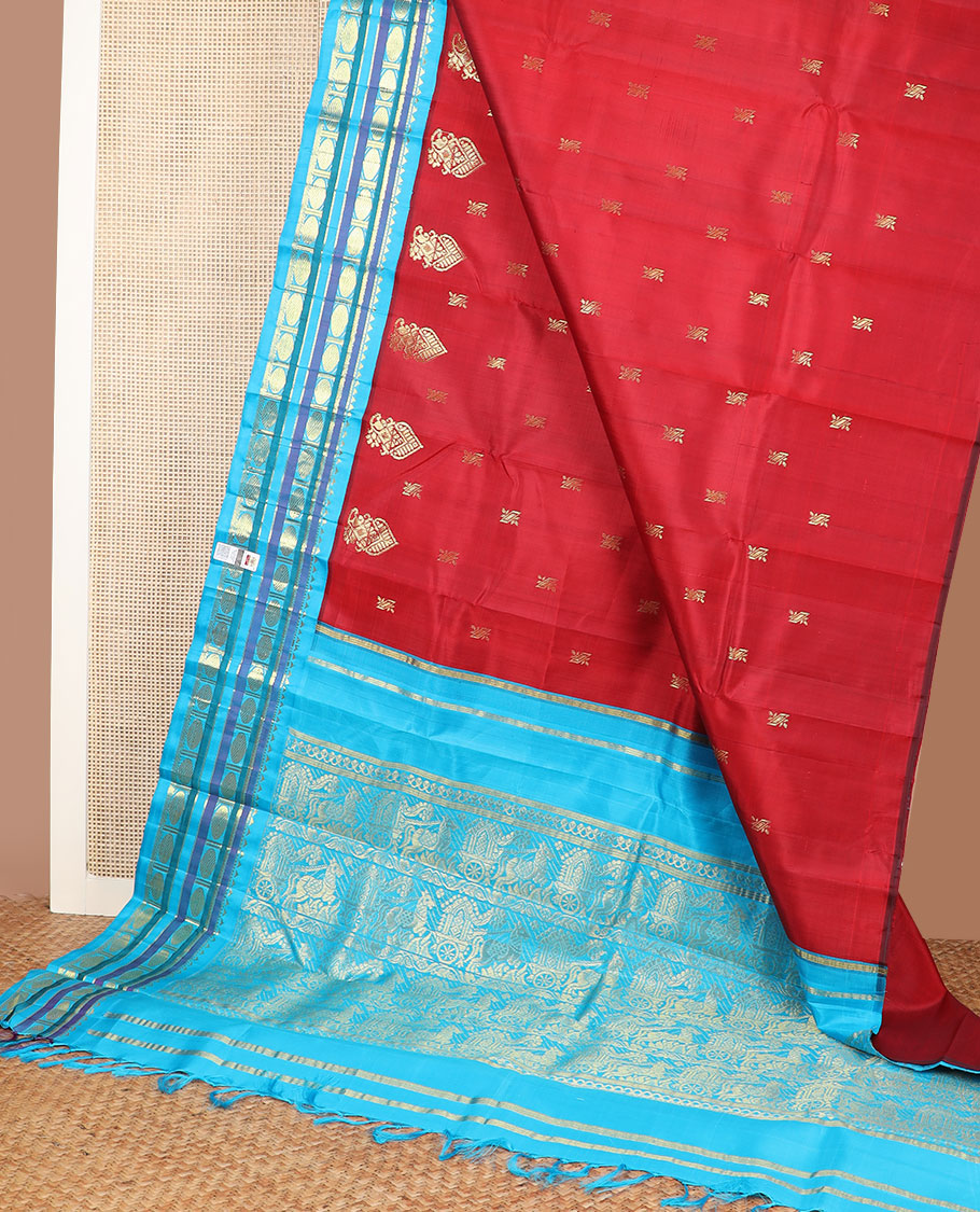 Red zari buttas kanchipuram silksaree, contrast one-sided korvai border of rekku,muthu,banaras & rudraksham & horse chariot design pallu