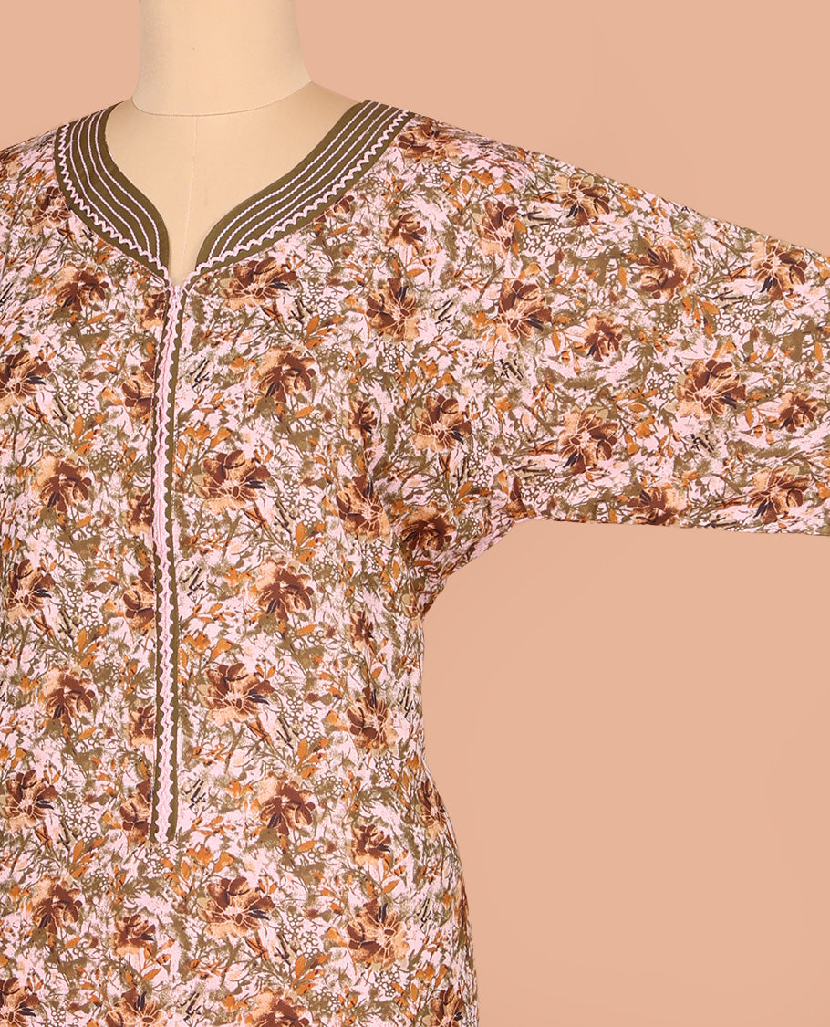 Pale Orange Cotton Nighty Accentuated with Floral Print, Featuring Lace Work, Sweet-Heart-Style Front Neck, and 3/4th Sleeves