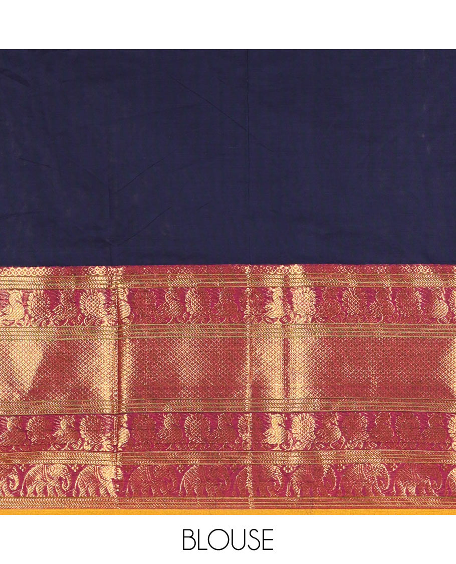 Navy Blue Plain Chettinad Cotton Saree, Complemented by Contrast Traditional Zari Border of Peacock and Elephant Designs, Gleaming Pallu of Stripes, and Paired with a Matching Blouse