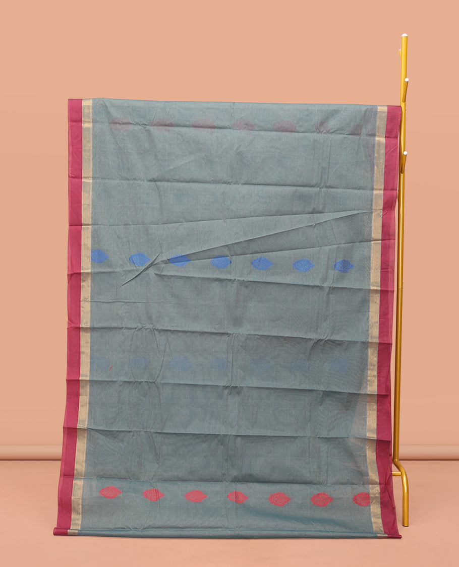 Grey Kanchi Cotton Saree, Decorated with Thread Buttas, Contrast Border, Pallu of Thread Weave, and a Matching Blouse