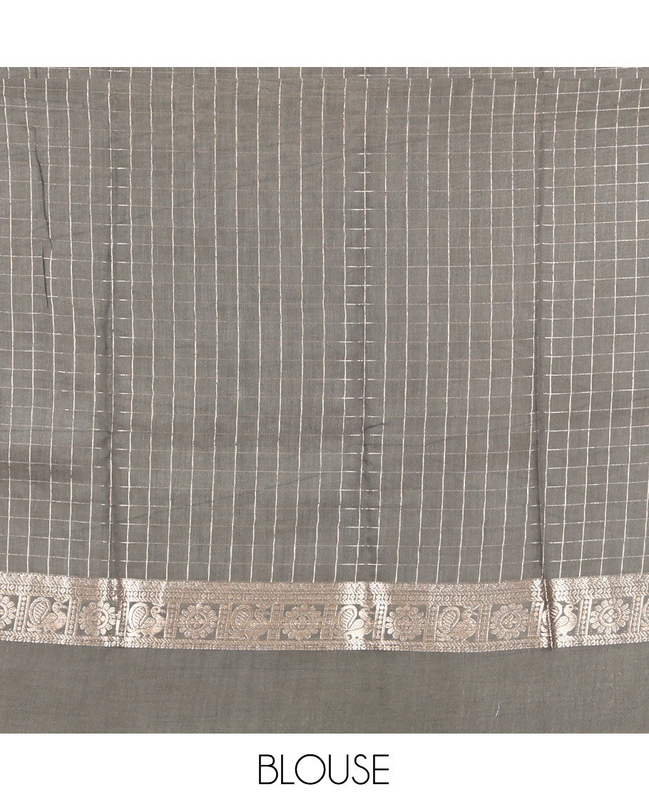 Violet Zari Checked Assam Silk Saree, Complemented by a Contrast Traditional Zari-Woven Border, Zari-Striped Pallu, and a Contrast Blouse